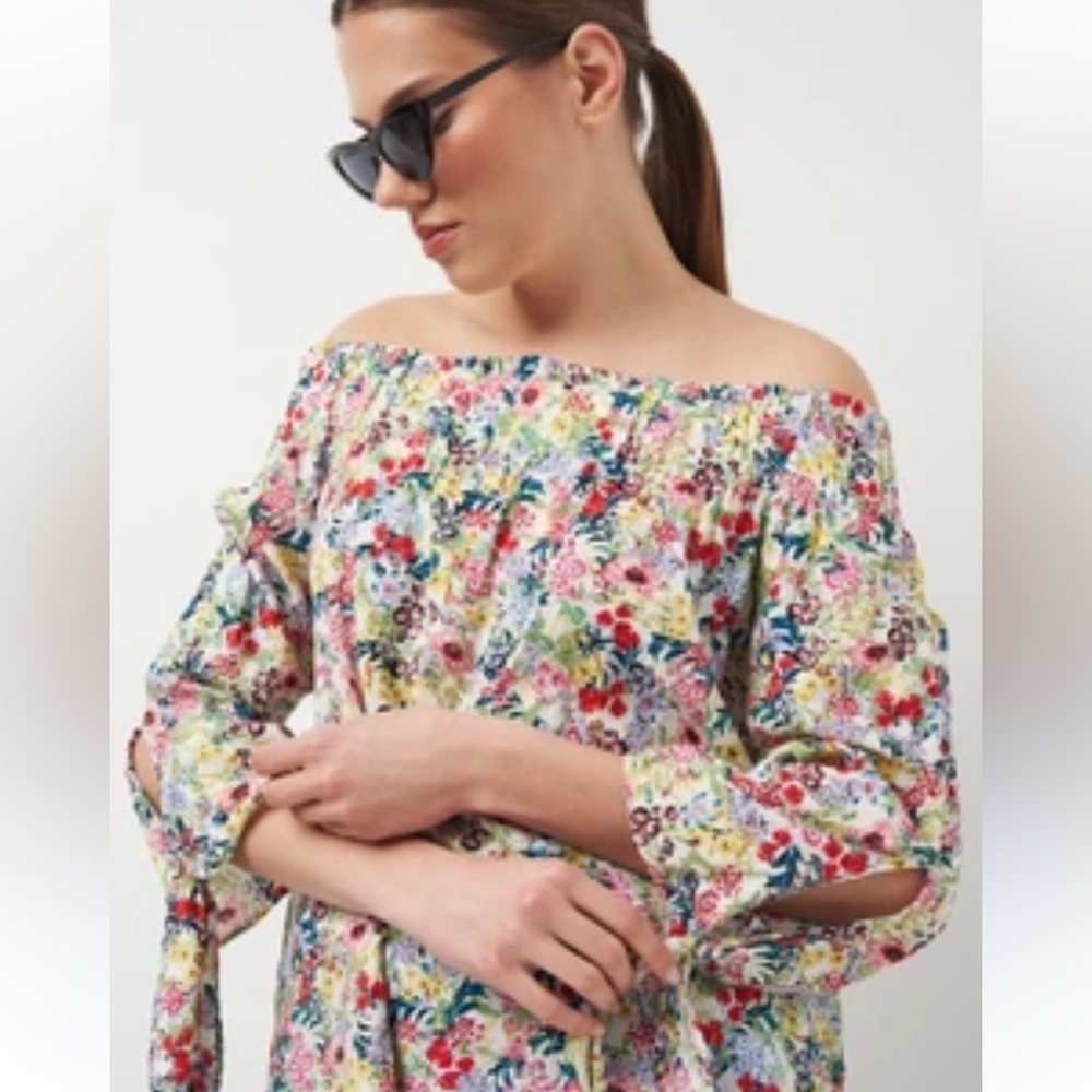 H&M MULTICOLOR FLORAL OFF THE SHOULDER CASUAL RELAXED STYLE TUNIC BLOUSE SIZE 14 - Picture 7 of 13